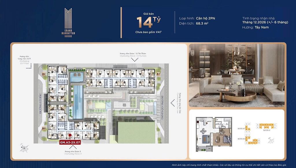 Bán 2 phòng ngủ The Grand Manhattan Tháp A3 tầng trung